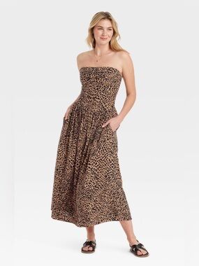 NWT Women's Strapless Maxi A-Line Dress Black/Brown Leopard Size L